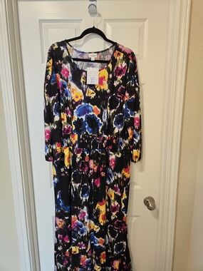 LuLaRoe Black Maxi Dress with Blue, Pink & Yellow Floral Print